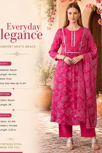 Women's pink rayon printed straight kurta set with dupatta