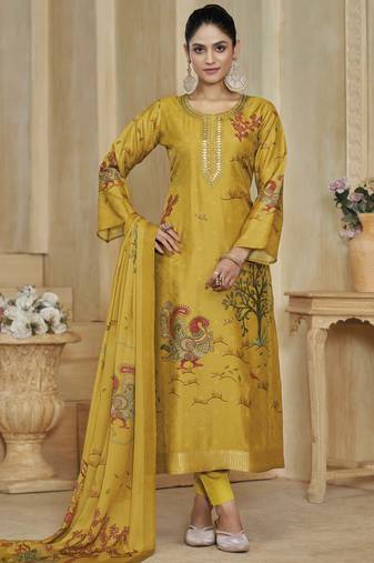 Yellow color beautiful silk fabric designer ceremonial looks ethnic suit