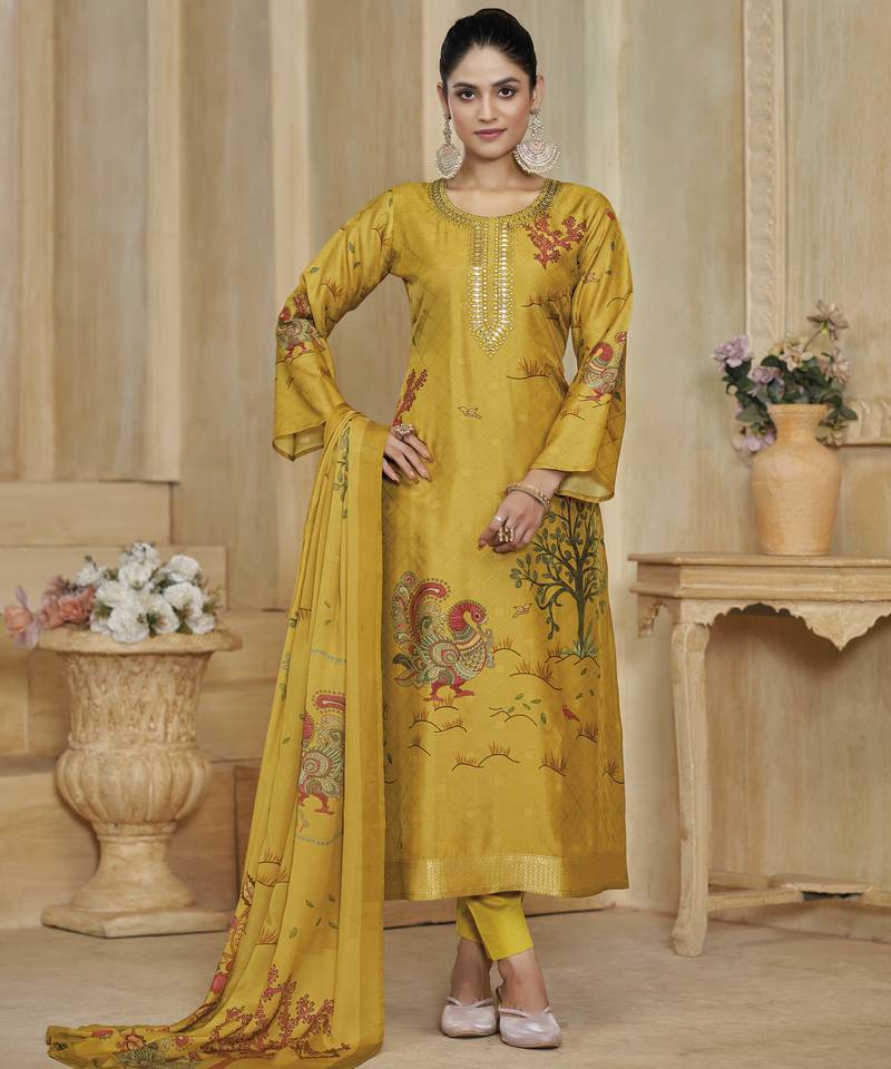 Yellow color beautiful silk fabric designer ceremonial looks ethnic suit