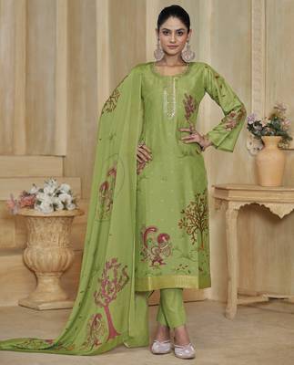 Green color beautiful silk fabric designer ceremonial looks ethnic suit 1