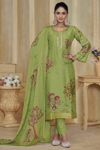 Green color beautiful silk fabric designer ceremonial looks ethnic suit