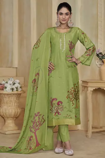 Green color beautiful silk fabric designer ceremonial looks ethnic suit