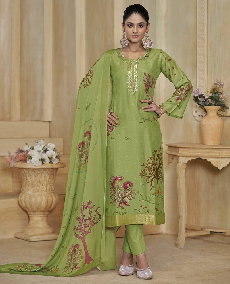 Green color beautiful silk fabric designer ceremonial looks ethnic suit