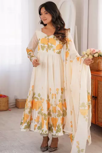 Stunning White Floral Printed Organza Festival Wear Anarkali Suit