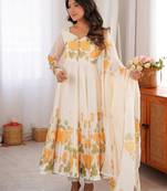 Stunning White Floral Printed Organza Festival Wear Anarkali Suit