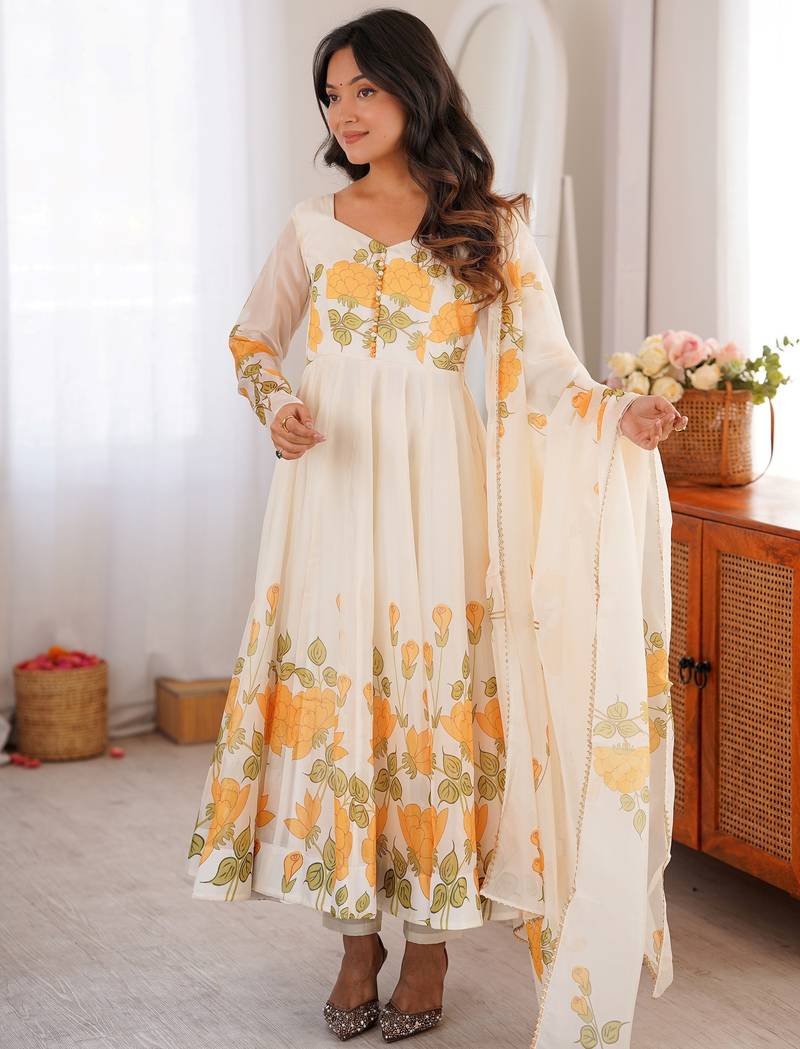 Stunning White Floral Printed Organza Festival Wear Anarkali Suit