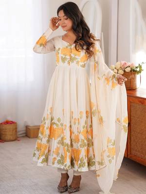 Stunning White Floral Printed Organza Festival Wear Anarkali Suit 2
