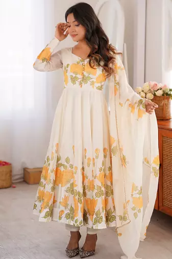 Stunning White Floral Printed Organza Festival Wear Anarkali Suit