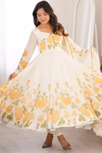Stunning White Floral Printed Organza Festival Wear Anarkali Suit