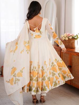 Stunning White Floral Printed Organza Festival Wear Anarkali Suit 4