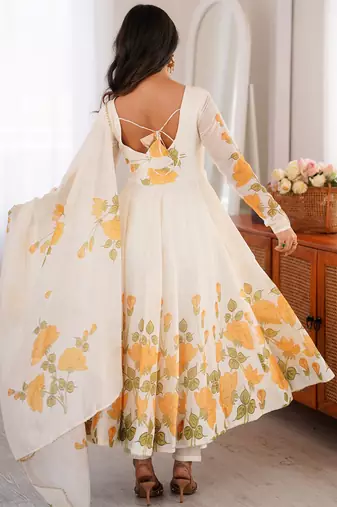 Stunning White Floral Printed Organza Festival Wear Anarkali Suit