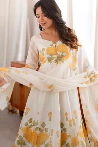 Stunning White Floral Printed Organza Festival Wear Anarkali Suit