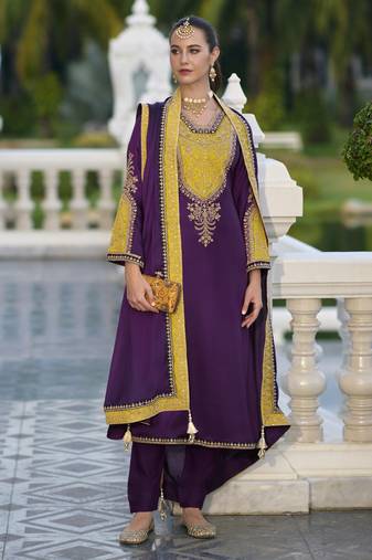Purple color gajji silk fabric designer embroidery work graceful ceremonial wear salwar kameez