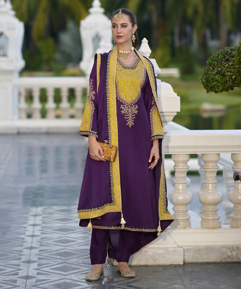 Purple color gajji silk fabric designer embroidery work graceful ceremonial wear salwar kameez