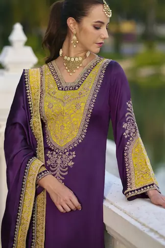 Purple color gajji silk fabric designer embroidery work graceful ceremonial wear salwar kameez