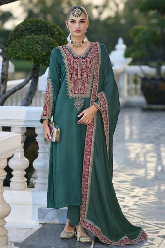 Rama color gajji silk fabric designer embroidery work graceful ceremonial wear salwar kameez