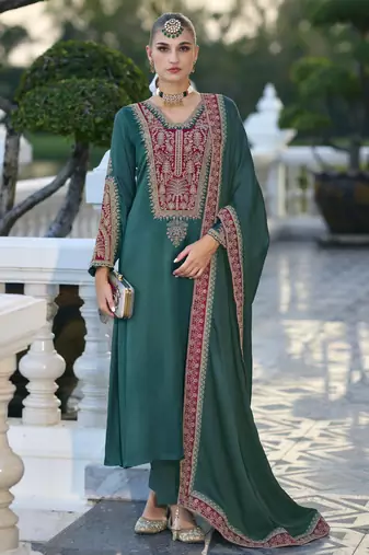 Rama color gajji silk fabric designer embroidery work graceful ceremonial wear salwar kameez