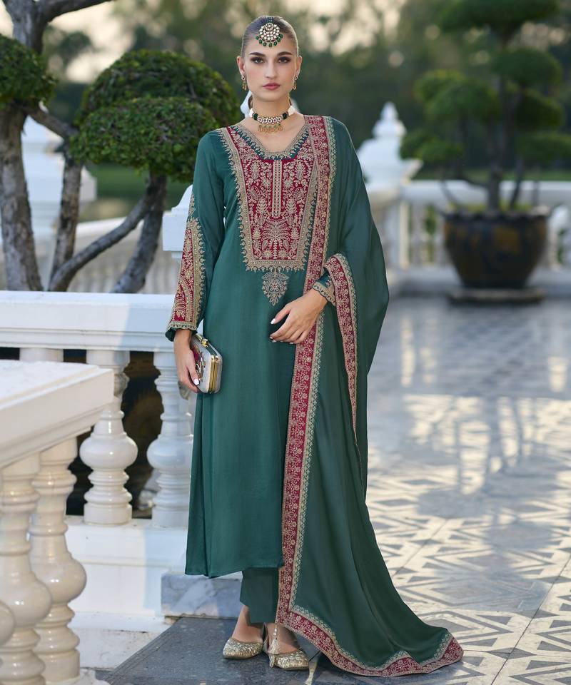 Rama color gajji silk fabric designer embroidery work graceful ceremonial wear salwar kameez