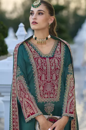Rama color gajji silk fabric designer embroidery work graceful ceremonial wear salwar kameez