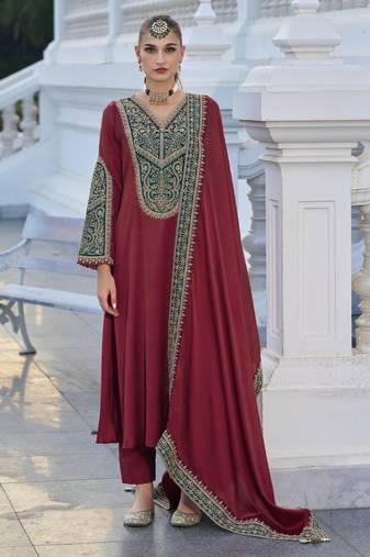 Maroon color gajji silk fabric designer embroidery work graceful ceremonial wear salwar kameez