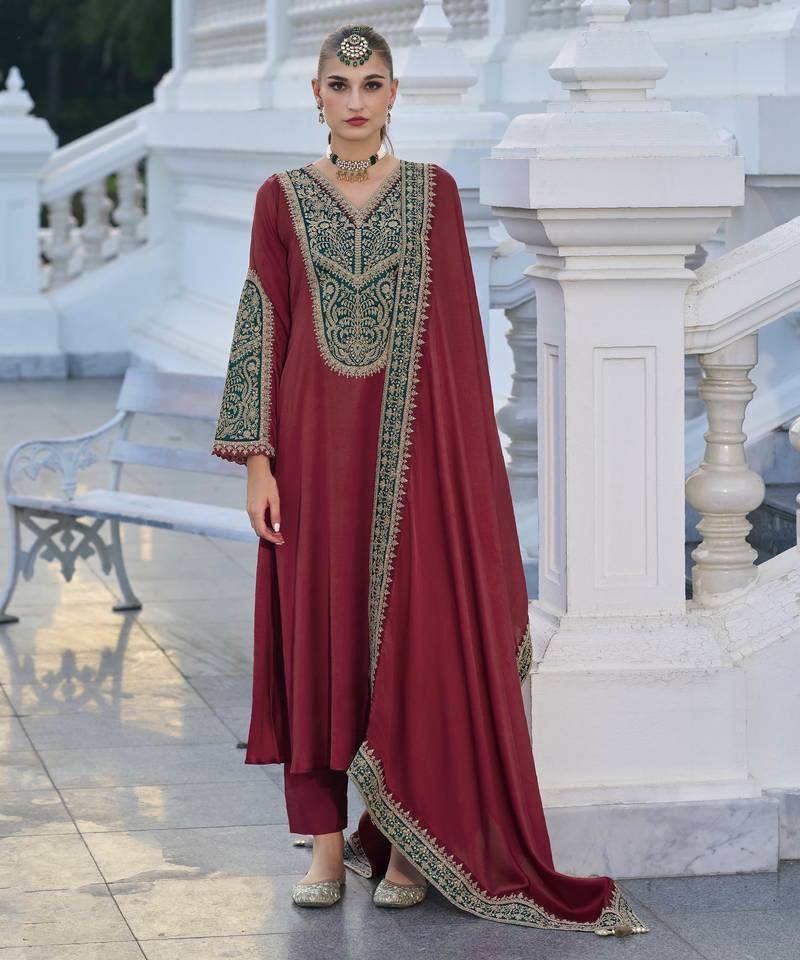 Maroon color gajji silk fabric designer embroidery work graceful ceremonial wear salwar kameez