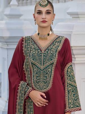 Maroon color gajji silk fabric designer embroidery work graceful ceremonial wear salwar kameez 2