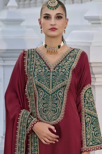 Maroon color gajji silk fabric designer embroidery work graceful ceremonial wear salwar kameez