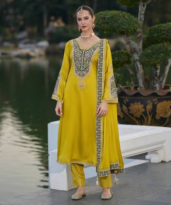 Yellow color gajji silk fabric designer embroidery work graceful ceremonial wear salwar kameez 1