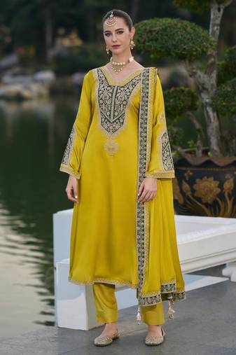 Yellow color gajji silk fabric designer embroidery work graceful ceremonial wear salwar kameez