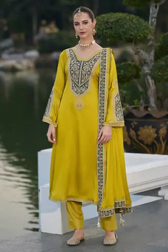 Yellow color gajji silk fabric designer embroidery work graceful ceremonial wear salwar kameez