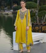 Yellow color gajji silk fabric designer embroidery work graceful ceremonial wear salwar kameez