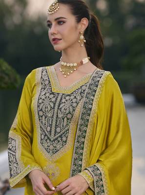 Yellow color gajji silk fabric designer embroidery work graceful ceremonial wear salwar kameez 2