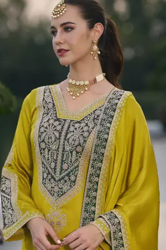 Yellow color gajji silk fabric designer embroidery work graceful ceremonial wear salwar kameez