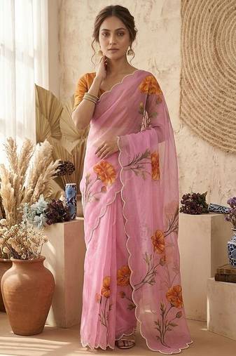 Pink Color digital prints flower and hand cutdana work Silk Blend Saree