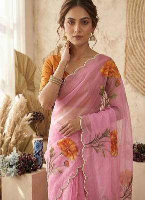 Pink Color digital prints flower and hand cutdana work Silk Blend Saree 2