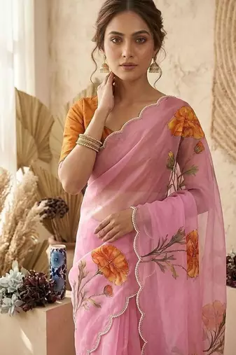 Pink Color digital prints flower and hand cutdana work Silk Blend Saree