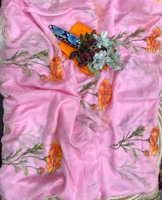 Pink Color digital prints flower and hand cutdana work Silk Blend Saree 3