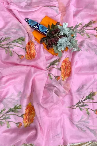 Pink Color digital prints flower and hand cutdana work Silk Blend Saree