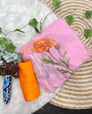 Pink Color digital prints flower and hand cutdana work Silk Blend Saree 4