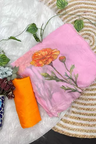 Pink Color digital prints flower and hand cutdana work Silk Blend Saree