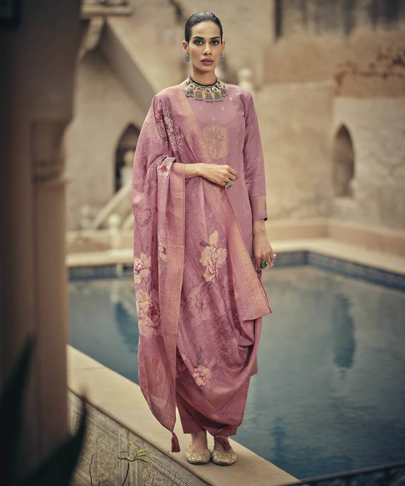 Pink color silk cotton fabric designer partywear ethnic ceremonial suit