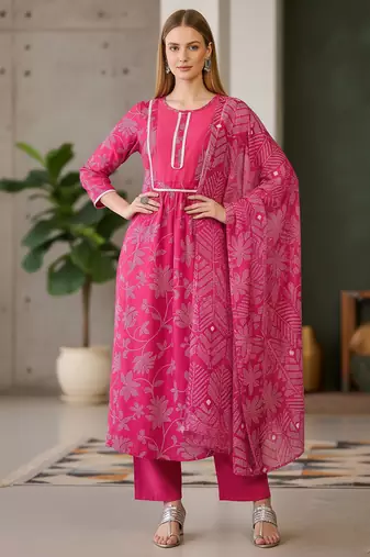 Women's pink rayon printed straight kurta set with dupatta