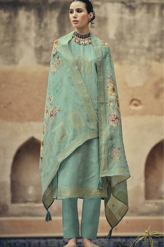Sea green color silk cotton fabric designer partywear ethnic ceremonial suit
