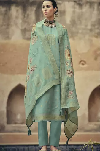 Sea green color silk cotton fabric designer partywear ethnic ceremonial suit