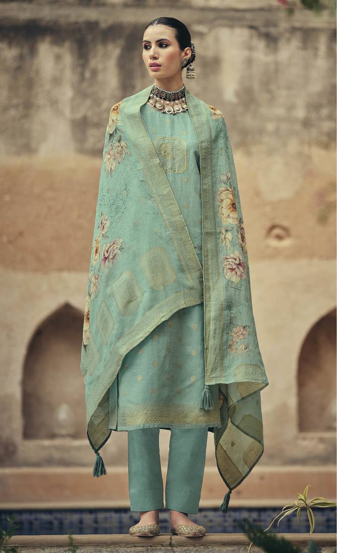 Sea green color silk cotton fabric designer partywear ethnic ceremonial suit