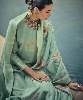 Sea green color silk cotton fabric designer partywear ethnic ceremonial suit 2