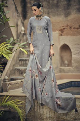 Grey color silk cotton fabric designer partywear ethnic ceremonial suit