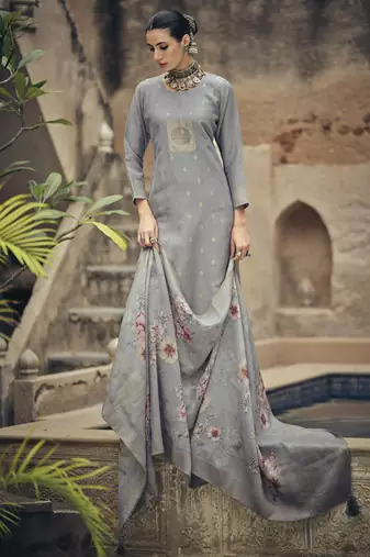 Grey color silk cotton fabric designer partywear ethnic ceremonial suit