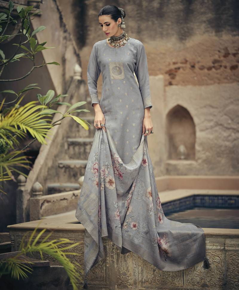 Grey color silk cotton fabric designer partywear ethnic ceremonial suit