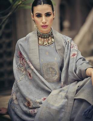 Grey color silk cotton fabric designer partywear ethnic ceremonial suit 2